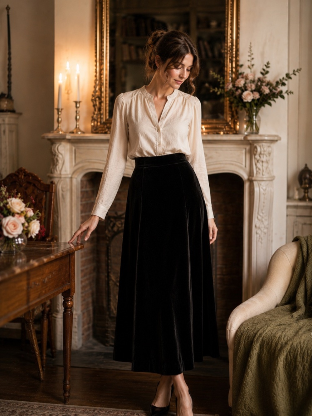 Laura Ashley Black Velvet Maxi Skirt Size 12 Romantic Vintage
